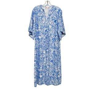 Jude Connally Large Blue White Patterned Short Sleeve Midi Dress Stretchy Comfy